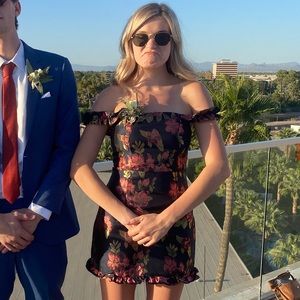 Pop the Bottle Navy Blue Floral Jacquard Ruffled Mini Dress Lulus Wedding Guest